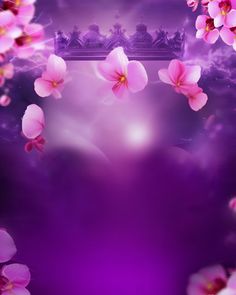 pink flowers are floating in the air with purple light coming from behind them on a purple background