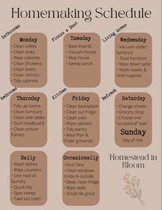 a brown and white poster with the words homemaking schedule written in different font styles