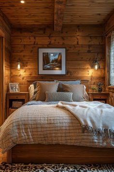 a bedroom with wooden walls and flooring has a large bed in the center, along with two night stands on either side