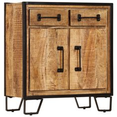 a wooden cabinet with metal handles and drawers