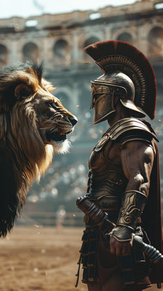 a lion and a man in armor standing next to each other on a dirt field