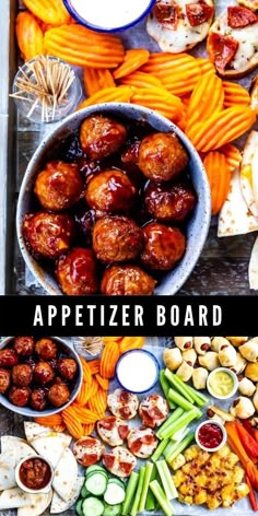 an appetizer board with meatballs and vegetables