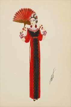 a drawing of a woman in red holding a fan