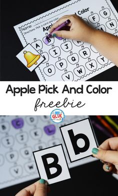 two pictures with the words apple pick and color freebie on them, one is for abc