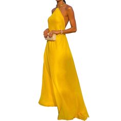 Polyester Yellow Solid Color Sundress, Yellow Sleeveless Maxi Dress For Night Out, Yellow Solid Color Maxi Dress For Vacation, Yellow Solid Color Dress For Day Out, Yellow A-line Dress For Summer, Yellow Party Dress Solid Color, Yellow Solid Color Maxi Dress For Spring, Yellow Solid Color Party Dress, Yellow A-line Beach Maxi Dress