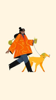 a woman in an orange jacket is walking her dog on a leash and holding a cup