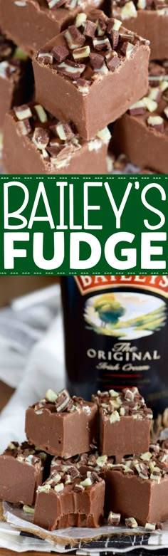 bailey's fudge brownies stacked on top of each other with the title overlay