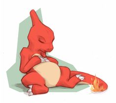 a red cartoon character sitting on the ground next to a fire