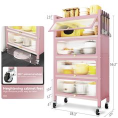 an image of a pink cart with food in it and measurements for the contents inside