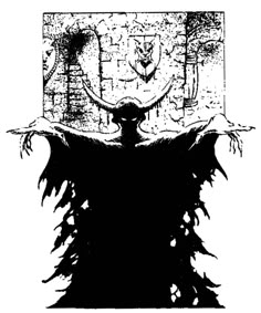 a black and white drawing of a demon with his arms spread out in front of him