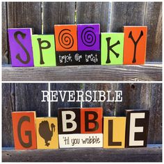 wooden blocks spelling the word spooky and reversible gobble