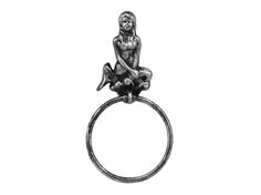 a metal ring with a woman sitting on it's back and holding a fish