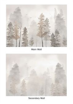 two pictures with trees and birds flying in the sky, one showing foggy weather