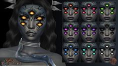 an image of a woman with glowing eyes and black makeup on her face, all in different colors