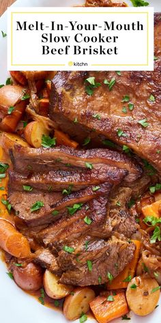 meat in your mouth slow cooker beef brisket with potatoes and carrots on a white plate