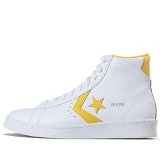 Converse Pro Leather High 'White Amarillo' 166812C (SNKR/Skate/Casual/Unisex/High Top) Yellow Leather Skateboarding Sneakers, Yellow Leather High-top Sneakers With Vulcanized Sole, Yellow High-top Leather Skate Shoes, Yellow Leather Skate Shoes, White Leather High-top Skateboarding Sneakers, Yellow Leather Skate Shoes For Skateboarding, White Leather High-top Sneakers For Skateboarding, White Converse Mid-top Skate Shoes, Converse Pro Leather