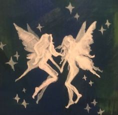 two white angels are touching each other in front of stars on a black and brown background