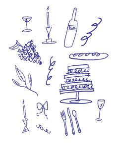 a drawing of food and wine on a white background