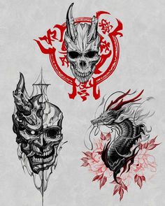 three skulls with horns and dragon heads in different colors on a white background, one is red