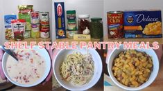 there are four pictures of different foods in the same bowl and one is labeled shelf stable pantry meals