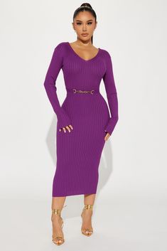 Available In Purple, Taupe, And Black. V- Neckline Midi Dress Long Sleeve Front Belted w/ Chain Detail Ribbed Stretch 68% Rayon 32% Polyester Imported California Proposition 65 WARNING: Cancer and Reproductive Harm - www.P65Warnings.ca.gov. | Rocking Baddie V- Neckline Midi Dress in Purple size Large by Fashion Nova Midi Dress Long Sleeve, Taupe Fashion, Rock Dresses, Classy Outfits For Women, Purple Midi Dress, Fashion Nova Models, Xl Fashion, Dress Purple, Ribbed Dresses