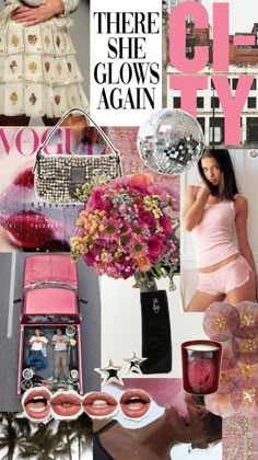 the collage is filled with pink and gold items, including lipstick, flowers, sunglasses, and other accessories