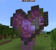 an image of a purple house in the middle of some trees and bushes on a minecraft map