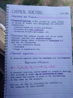 a piece of paper with writing on it that says chemical reactions and reactants in the process