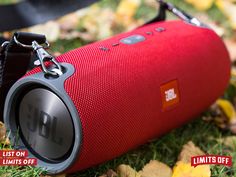 a red speaker sitting on top of a lush green field