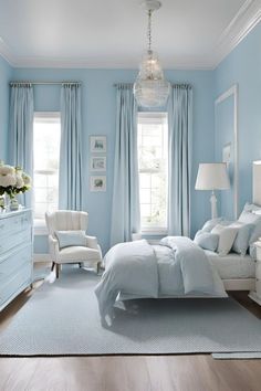 Blue And Cream Bedroom Ideas, Powder Blue Bedroom, Baby Blue Bedrooms, Royal Blue Bedrooms, Bedroom Colour Schemes, Light Blue Bedroom, Blue Dorm, Dark Blue Bedrooms, Blue Wall Colors