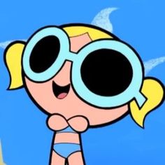 a cartoon character with large round glasses on her face and blonde hair, standing in front of a blue sky