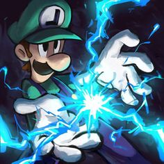 an image of mario in the dark with his hands out and lightning coming from him