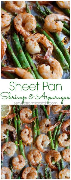 shrimp and asparagus on a sheet pan with the title in green above it