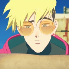 an anime character with blonde hair and glasses