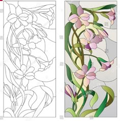 two stained glass panels with flowers and leaves on them, one in white and the other in