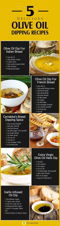 the menu for five olive oil dippings is shown in black and yellow, with different ingredients