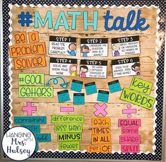 a bulletin board that has been made to look like a math talk poster with words and pictures on it