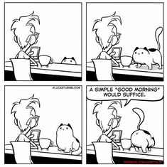 a comic strip with an image of a cat drinking coffee