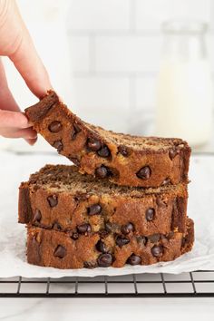 two slices of chocolate chip banana bread on a cooling rack