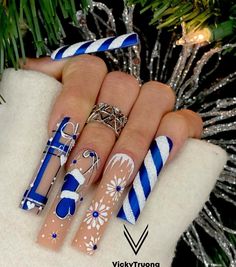 Blue Christmas Nails, Sleigh All Day, Long Square Nails, December Nails, Red Christmas Nails, Acrylic Press On Nails, Colored Acrylic Nails, Nail Tip, Xmas Nails