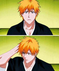 an anime character with orange hair and white shirt, holding his hand to his head