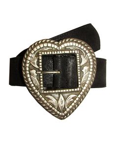 This western etched heart-shaped buckle on a slightly shiny black strap gives the ultimate "Cool-girl" vibe. 1.5" width Buckle: 3.875" x 3.5" Size SMALL 32" Genuine Leather Made in the USA *Vintage Sample, SOLD AS IS, near perfect condition. Vintage Black Belt Buckles With Brass, Vintage Black Belt Buckles With Brass Detail, Vintage Black Brass Belt Buckles, Vintage Black Adjustable Belt Buckles, Vintage Adjustable Black Belt Buckles, Vintage Black Belt With Buckle Closure, Vintage Black Belt Buckle For Gift, Belts Aesthetic, Heart Belt