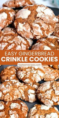 easy gingerbread crinkle cookies with powdered sugar on top and in the middle