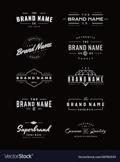 a set of logos and emblems for different brands on black background with sample text