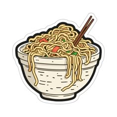 a bowl of noodles sticker with chopsticks sticking out of the top,