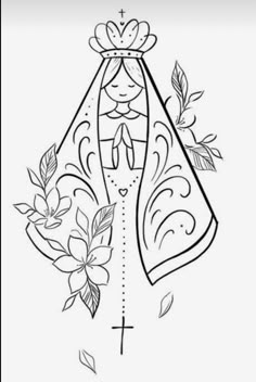 a cross with flowers and leaves on it, as well as the outline for a tattoo