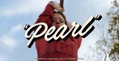 a woman holding a baseball bat over her head with the word pearl in front of her