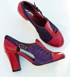 two pairs of women's shoes with red and purple heels