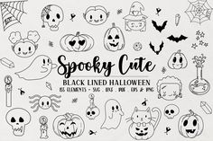 the spooky cute black line halloween clipart set includes pumpkins, ghostes and