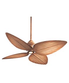 a ceiling fan with three large leaves on it's blades, hanging from the ceiling